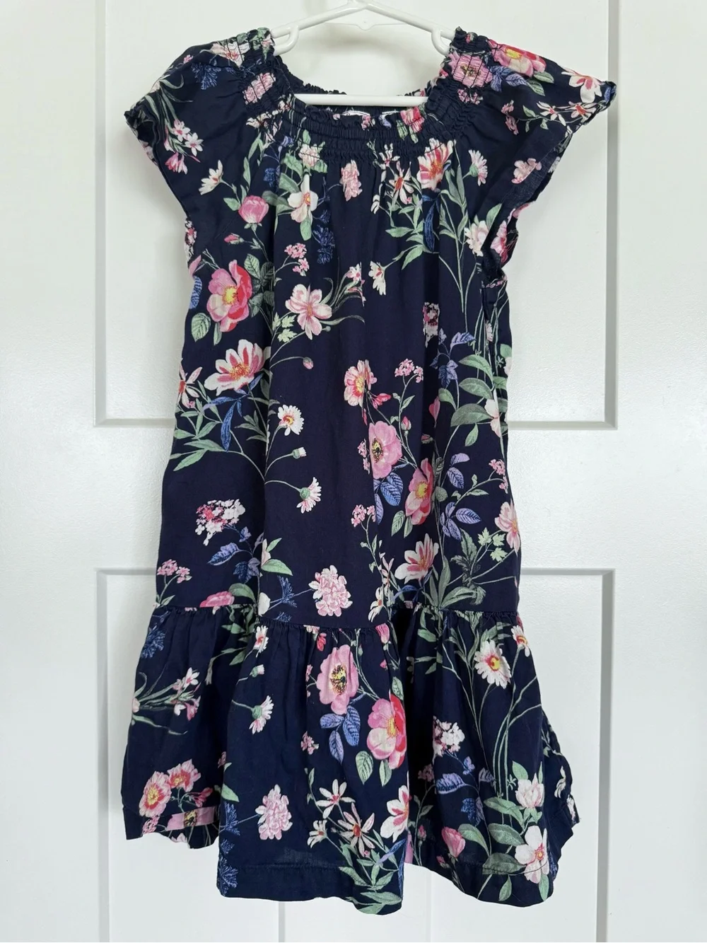 Gap Kids Girls S 6-7 Navy Floral Drop Waist Dress Smocked Flutter Sleeve